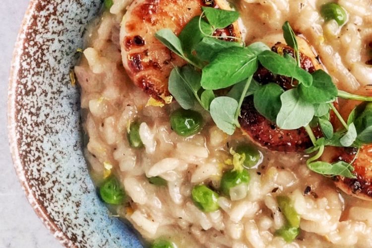 lemon risotto with seared scallops and peas