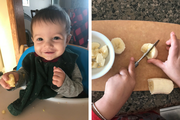 baby eating banana, toddler cutting banana